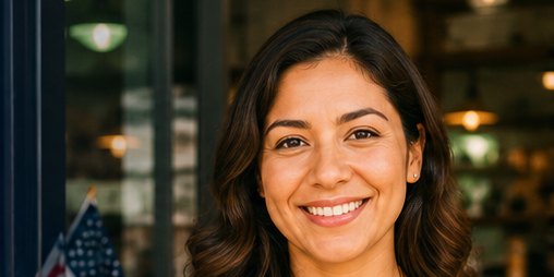 Emprendedora sonriente en la puerta de su negocio abierto